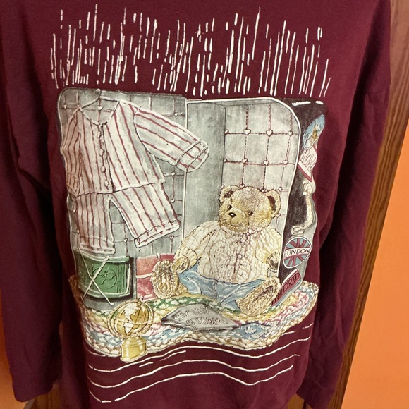Vintage Teddy Bear Graphic Collared Sweatshirt Burgundy Cottagecore Top - Picture 5 of 12